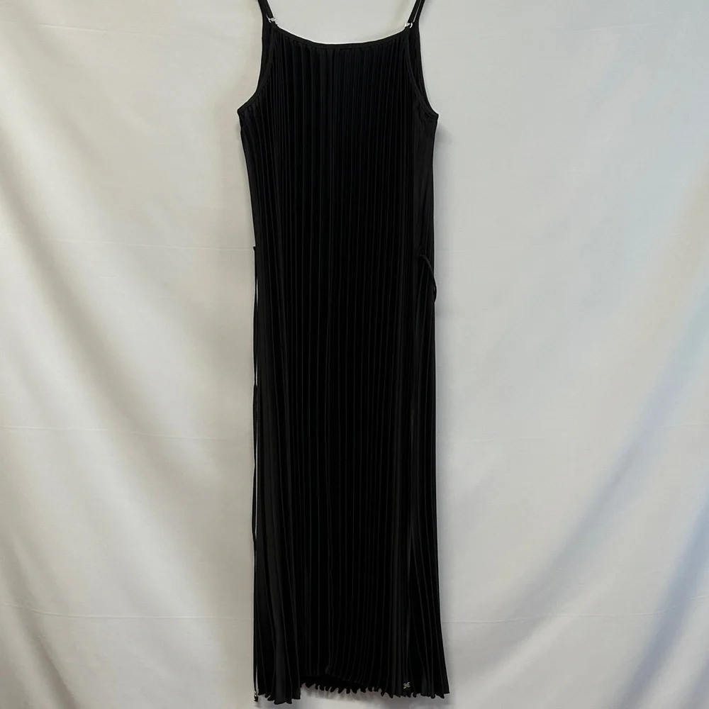 NWT Sam Edelman Hammered Satin Plissé Black Midi Dress L - Picture 5 of 9